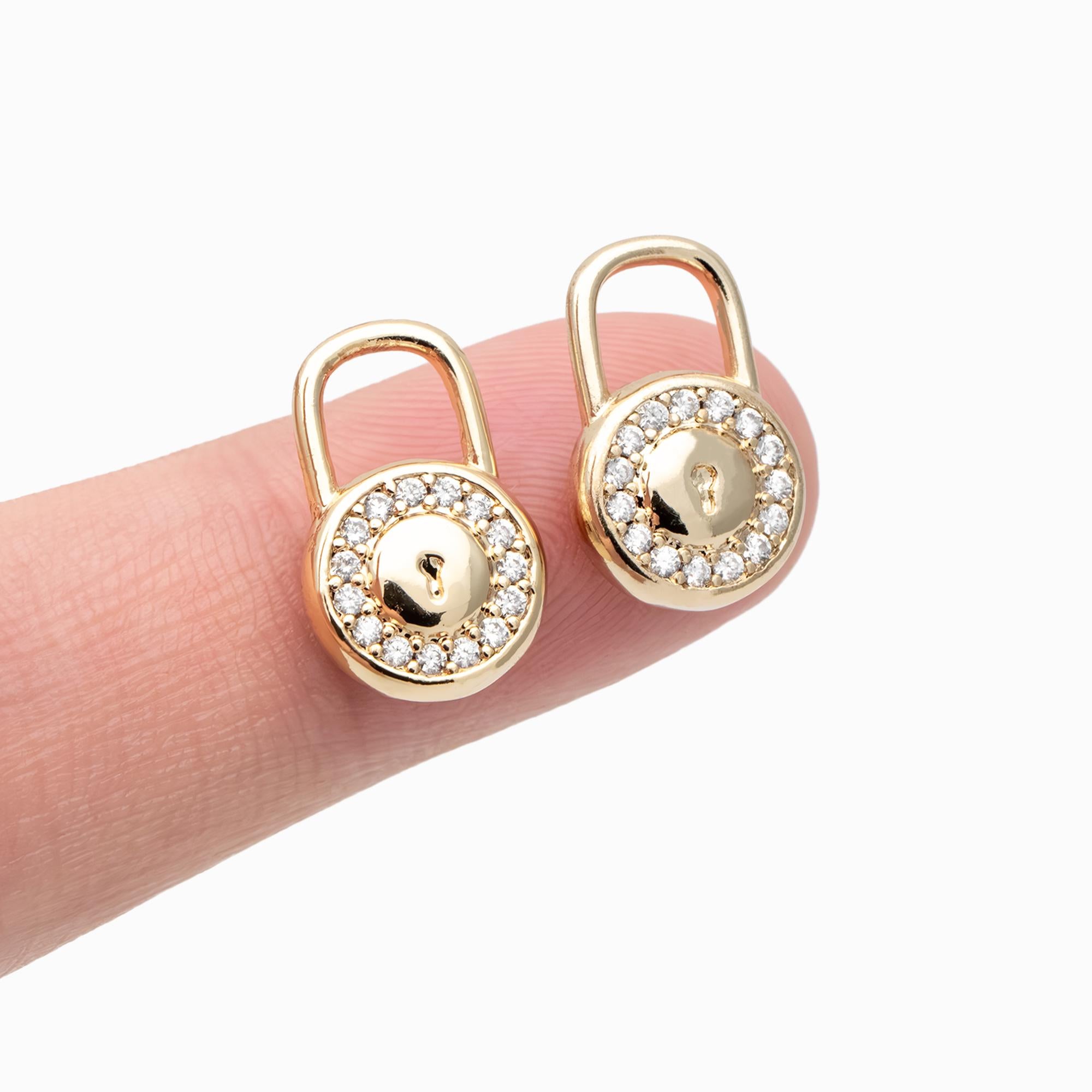 4pcs CZ Pave Gold Lock Charm, Padlock charm 16x10mm, Real Gold plated Brass (GB-751-E)